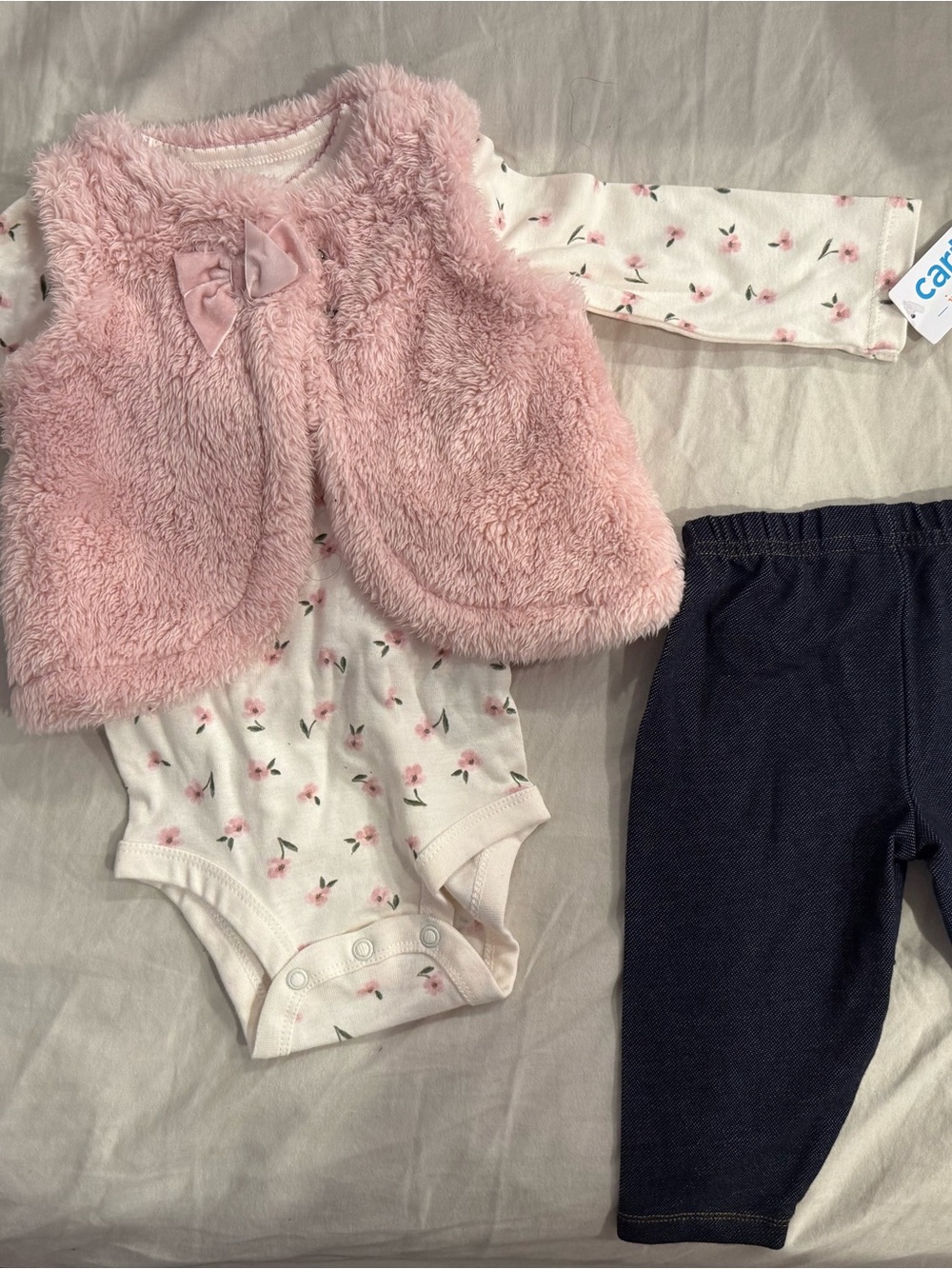 Carter's Pink Faux Fur Vest Floral Bodysuit and Navy Legging Set